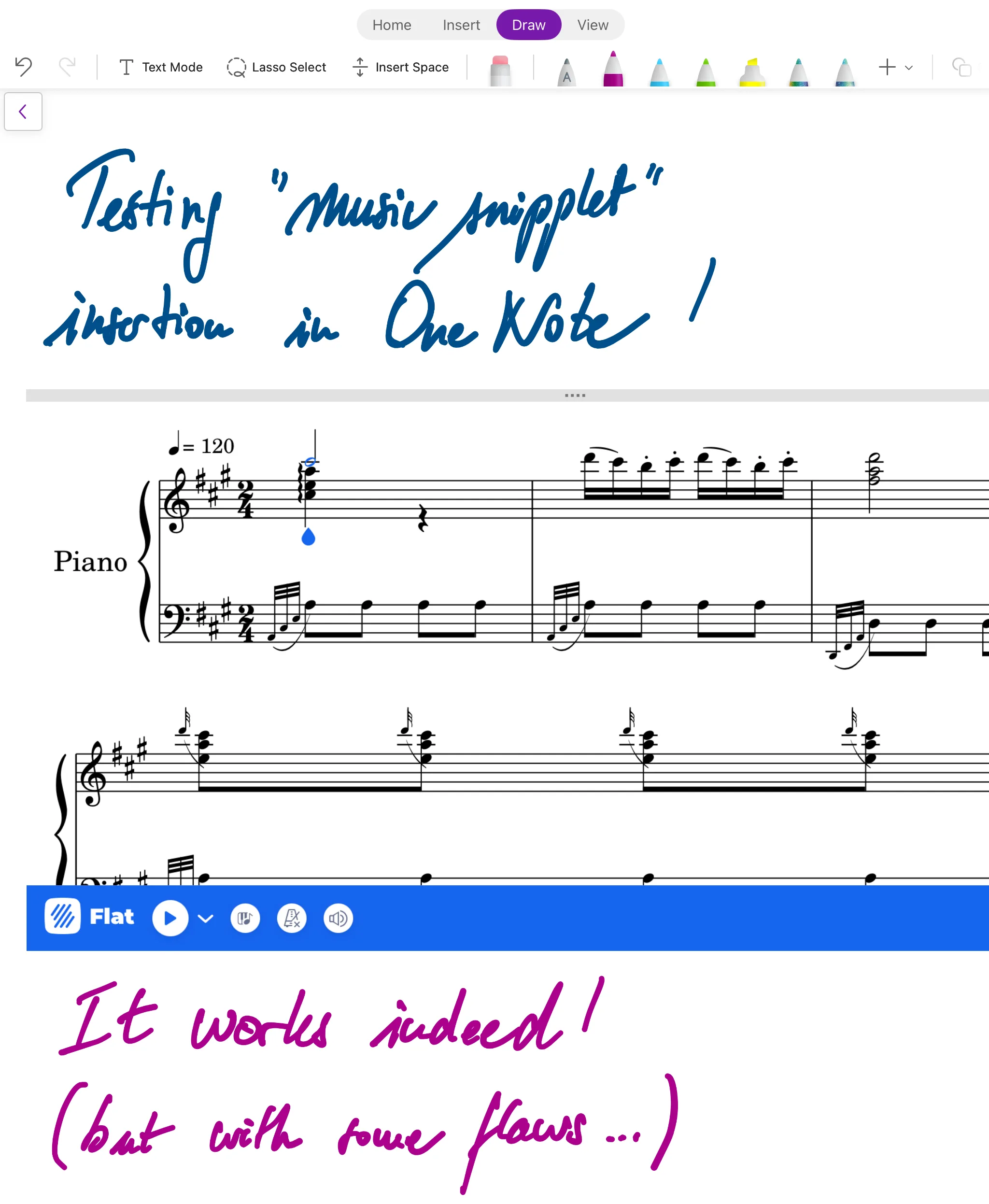 Inserting sheet music in handwritten notes